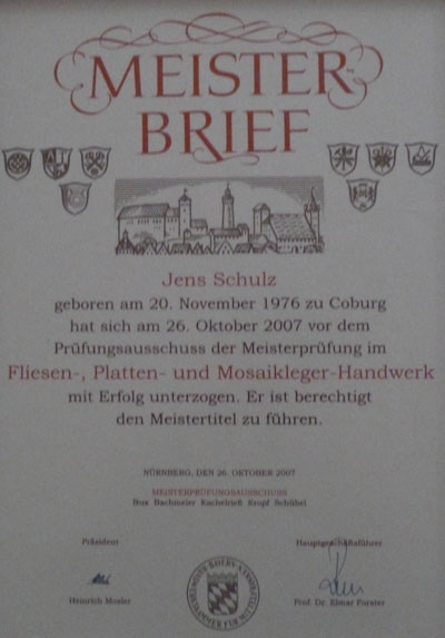 Meisterbrief Fliesenleger Jens Schulz Coburg Untersiemau